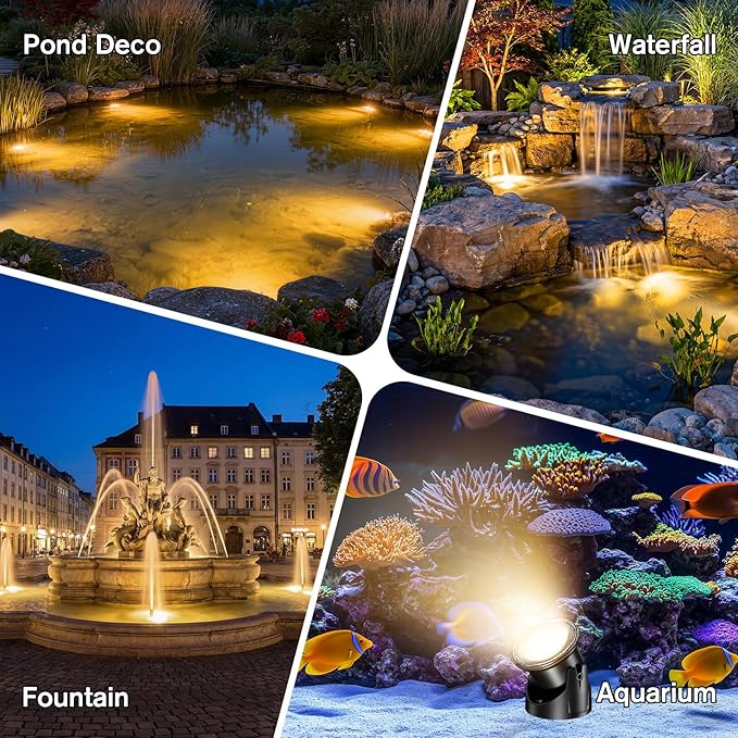 POPOSOAP LED Pond Lights 6-Head, IP68 Waterproof Underwater Lights with 8H Timer Function, 90° Rotatable Design & Gravity Base Fountain Lights for Pond, Fountain, Waterfall, Aquarium, Pool-P64HZ