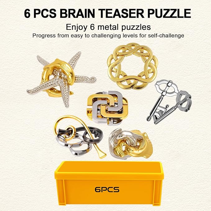 6 PCS Metal Brain Teaser Puzzles for Adults and Kids, Disentanglement Metal Logic Puzzle Set, IQ Mind Challenge Brain Games Toy Gift (Style-B)