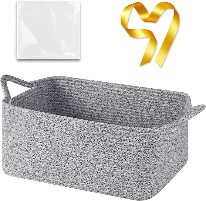 OIASKET Large Empty Gift Baskets for Baby Shower, 16.5" L x 12.6" W x 7" H Cute Woven Storage Basket with Gift Bags and Ribbons, Small Rope Toy Basket with Handles, Cat Dog Pet Toy Organizer - Grey