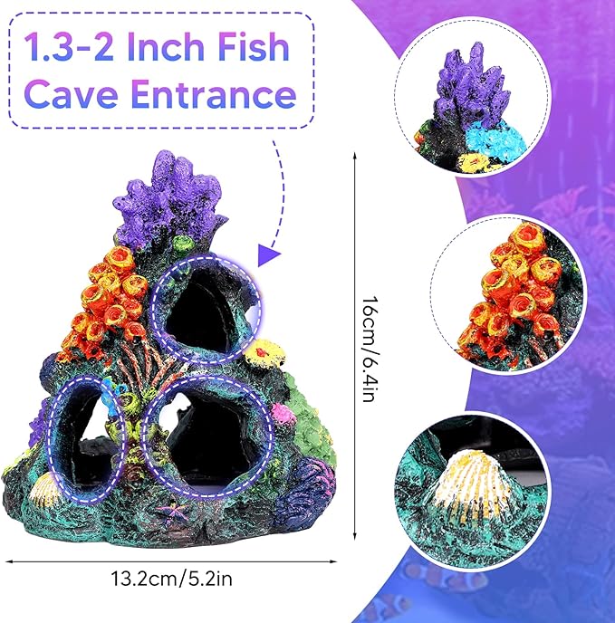 Fish Tank Decoration Betta Fish Aquarium Decorations Accessories, Aquarium Colorful Coral Reef Set, Coral Mountain x 1, Starfish Barrel x 1, Aquarium Decor Plants x 6