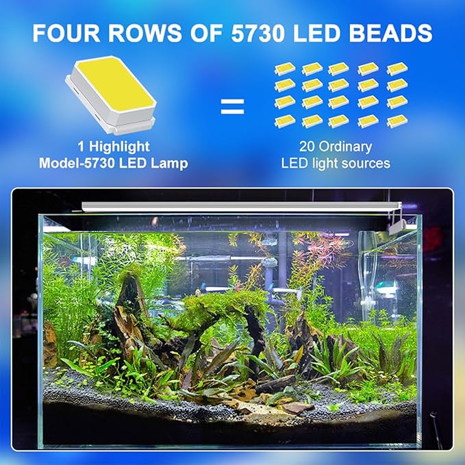 LED Aquarium Light, Full Spectrum Fish Tank Lighting, Ultra-Thin 1cm Design, 6-Row Blue&White LEDs, No Flicker, High Efficiency Cooling for 14.96-17.96in Fish Tanks (14.96inch)