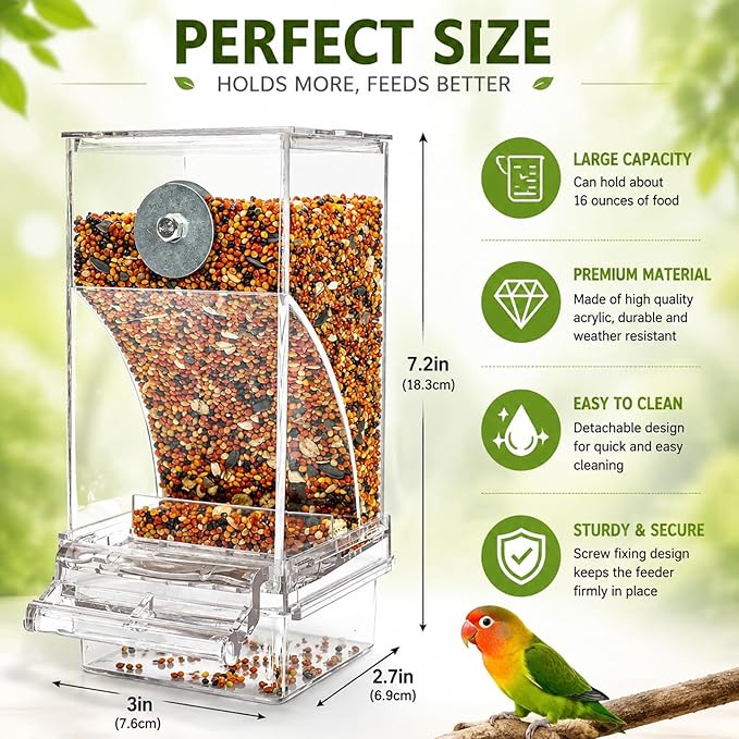 Rypet No Mess Automatic Bird Feeder Transparent Food Container Cage Acrylic Parrot Feeder Accessories for Small Birds Parrot Cockatoo Canary
