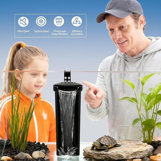 Small Aquarium Filter, Fish Tank Filter, Turtle Tank Filter,Ultra Silent 3.5W Low-Water Reptile Waterfall Filter for 1-15 Gallon (Black Filter)