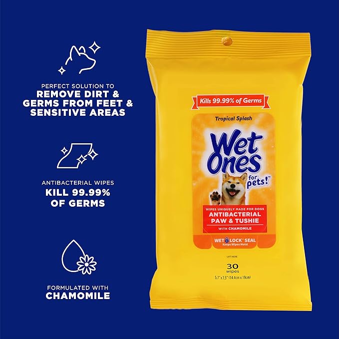 Wet Ones for Pets Paw and Tushie Dog Wipes with Chamomile, Tropical Splash Scent - Cleansing Grooming Wipes for Dog Paws and Butt Between Baths, Wet Lock Seal, 30 Count - 8 Pack