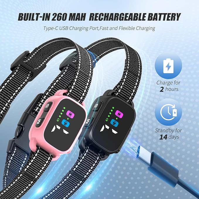 Anti Bark Collar for Small Dogs 2 Pack, No Shock Bark Collar with Beep & Vibration, 7 Sensitivity Levels, Rechargeable IP67 Waterproof Bark Collar for Small Dogs 5-30lbs, Pink & Black