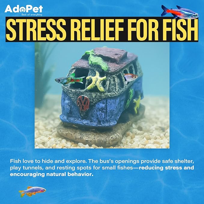 Old Bus Aquarium Decoration 4.7"" – Vintage Resin Fish Tank Ornament with Multiple Hiding Spots, Fish Shelter for Small and Medium Aquariums, Stress-Relief Underwater Decor, Easy to Clean