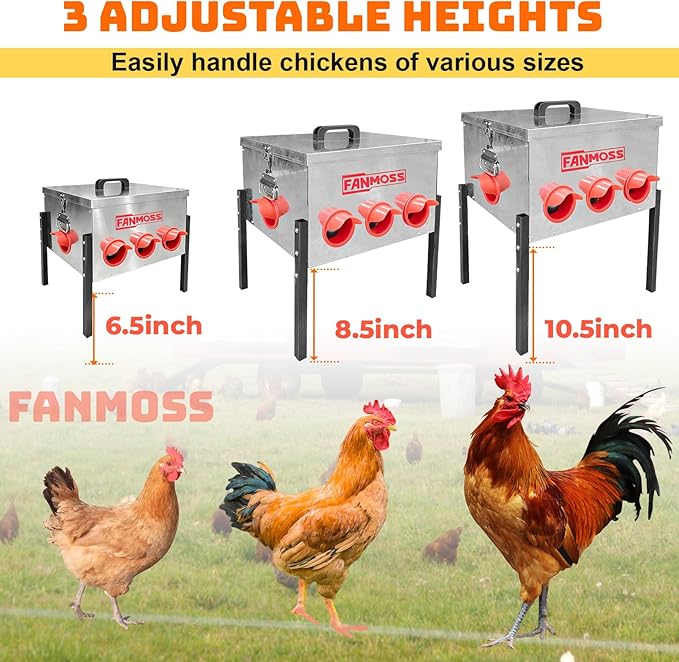 50lb Automatic Chicken Feeder, 8 Ports No Waste Chicken Feeder with Locking Lid, Adjustable Legs & Waterproof Silo, Large Metal Poultry Feeder for Hens, Ducks, Geese, Poultry