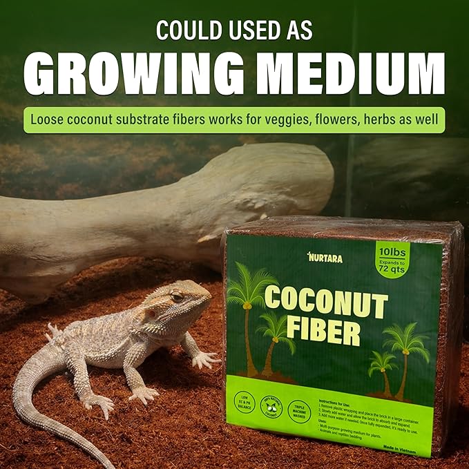 10 Lbs Coconut Fiber Substrate for Reptile Terrarium & Garden Use | Organic Compressed Coconut Coir, Garden Soil Substitute | Terrarium Bedding for Reptile, Snake