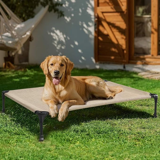 Veehoo Outdoor Elevated Dog Bed Large Sized Dogs, Extra Large Cooling Raised Dog Cots Beds Training Platform Off Ground Hammock with Breathable Mesh, No-Slip Feet, 45"x33", Beige Coffee