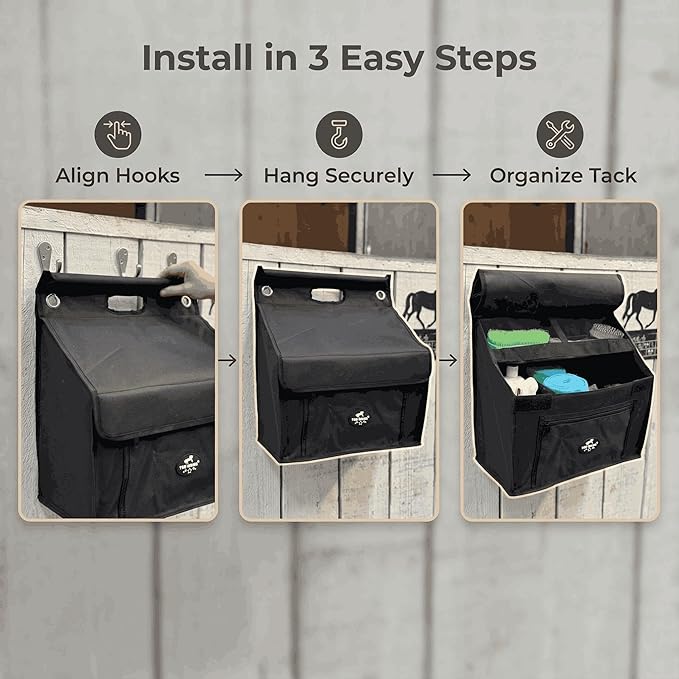 Stall Front Organizer Bag, Black, Multi-Compartment Storage, Horse Grooming Supply Holder with Top Loading Design