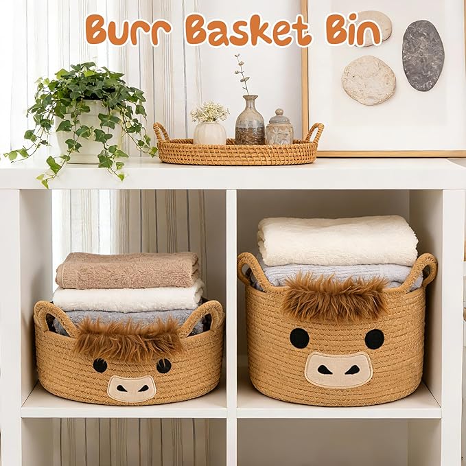Oval Highland Cute Cow Basket for Nursery, Small Woven Gift Basket, Rope Cotton Storage for Gifts Empty, Baby Shower Blanket 0rganizer with Handles,Towel Decorative Bins, 12"D x 5"H in