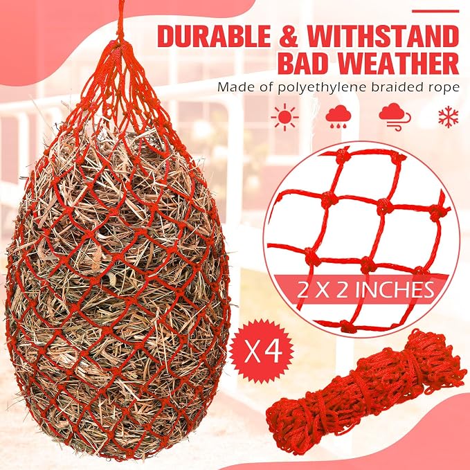 Nuenen 4 Pcs Hay Bags for Horses Goat 40 Inch Oxford Slow Feeder Hay Nets Bag for Horses Sheep Hanging Feeding Supplies Trailer Stable(Red)