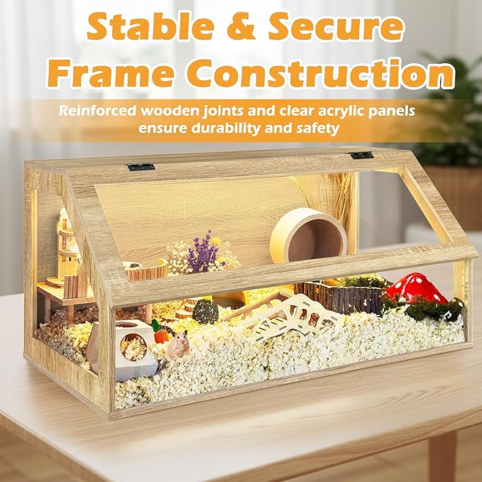 PROLEE Hamster Cage Chewproof, 40" x 20" x 20" Sloped Mice and Rat Habitat with Clear View, Solid Built with Lockable Design and Openable Top (White Oak)