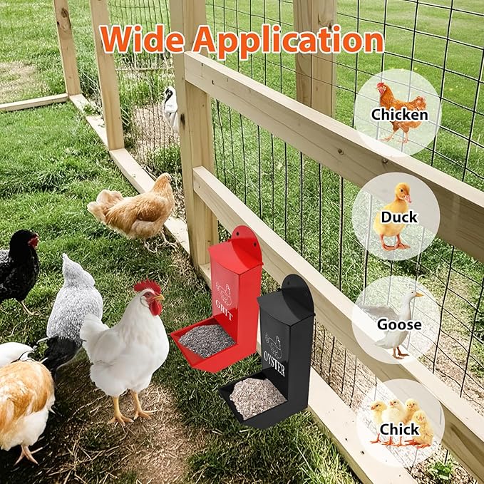 2Pack Chicken Grit Feeder, Metal Oyster Shell Feeder with Lid, Hanging Gravity Chicken Poultry Feeders Trough, Coop Accessories Supplies