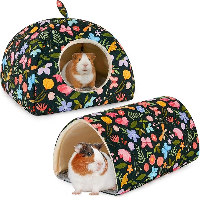 Guinea Pig Hideout, Bienbee Washable Rabbit Bed with Guinea Pig Tunnel, 2 Pack Guinea Pigs Toys Set Bunny Hideout Cage Accessories for Hamster Ferret Rabbits Bunny, Green Flowers