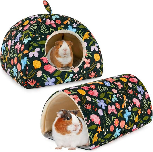 Guinea Pig Hideout, Bienbee Washable Rabbit Bed with Guinea Pig Tunnel, 2 Pack Guinea Pigs Toys Set Bunny Hideout Cage Accessories for Hamster Ferret Rabbits Bunny, Green Flowers
