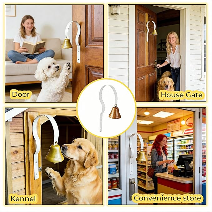 Dog Doorbell for Potty Training, Wall Mounted Bronze Bell with White Metal Bracket, 7.09 Inch Height, Includes 3 Mounting Screws, Scratch-Free Design, Rust-Proof