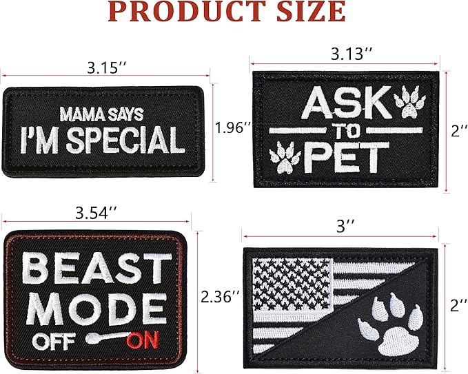 U-LIAN 4 Pieces Dog Patch Beast Mode On Ask to Pet US Flag Mama Says I'm Special Funny Hook and Loop Patches Service Dogs Black