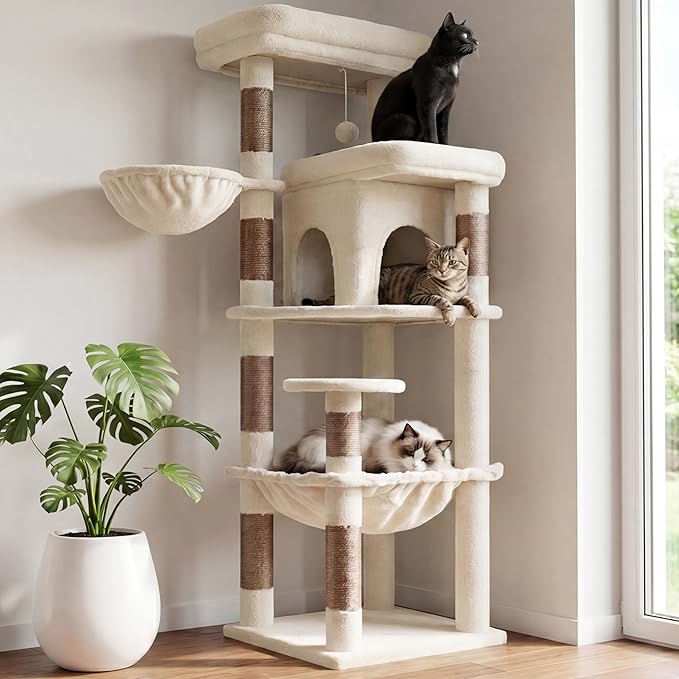 Heybly Cat Tree, 56-Inch Multi-Level Easy Climb Tower for Large Cats, Cat Furniture with 2 Perches, Cozy Hammock, Spacious Condo & Cat Basket, Durable Sisal Scratching Posts, Beige HCT028G