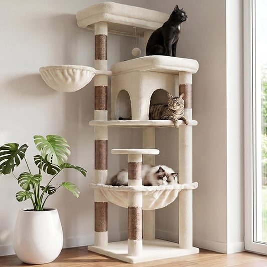 Heybly Cat Tree, 56-Inch Multi-Level Easy Climb Tower for Large Cats, Cat Furniture with 2 Perches, Cozy Hammock, Spacious Condo & Cat Basket, Durable Sisal Scratching Posts, Beige HCT028G