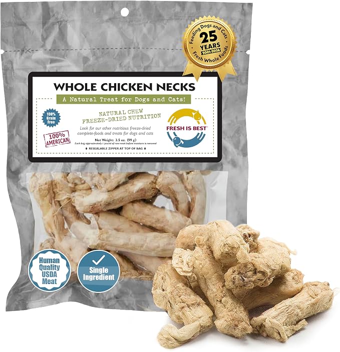Fresh Is Best Freeze Dried Whole Chicken Necks for Dogs & Cats - Raw Crunchy Single Ingredient Dog Treats - High-Protein Dental Chews in Resealable Bag - Made in USA