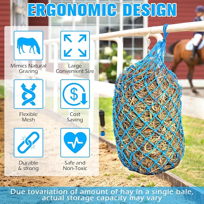 Nuenen 4 Pcs Hay Bags for Horses Goat 40 Inch Oxford Slow Feeder Hay Nets Bag for Horses Sheep Hanging Feeding Supplies Trailer Stable(Sky Blue)