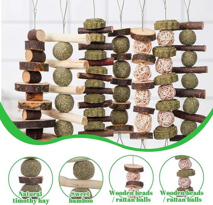 7 Pcs Bunny Chew Toys, Natural Apple Wood Hanging Rabbit Chew Toy Treats for Guinea Pigs Hamsters Chinchilla Ferret Rats, Improve Small Animal Dental Health for Teeth Grinding
