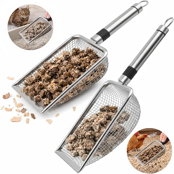 Chicken Poop Scooper 2 Pack, Stainless Steel Chicken Coop Scoop with 3.8mm & 5mm Mesh, Metal Litter Scoop for Chicken Coop Cleaning, Cat Litter Box and Sand