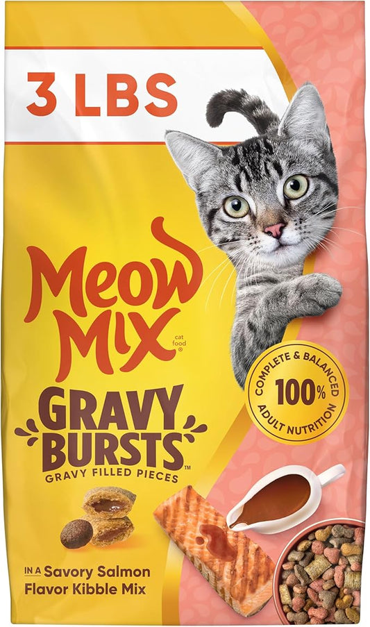 Meow Mix Gravy Bursts, Savory Salmon Flavor Kibble Mix, Gravy Filled Dry Cat Food, 3 lb. Bag