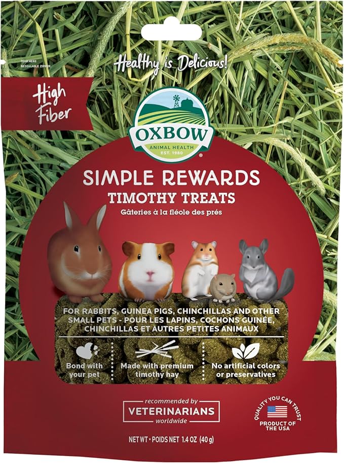 Oxbow Simple Rewards Timothy Hay Small Animal Treats, Healthy Guinea Pig, Rabbit, Chinchilla, and Hamster Snacks Made with High-Fiber Timothy Hay, Natural, Low Calcium Pet Treats, 1.4 oz Bag