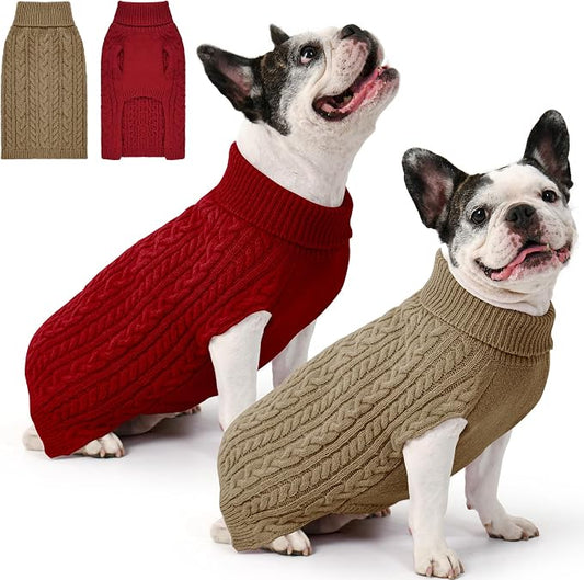 Dog Sweater 2 Pack for Medium Dogs, Size M, Red & Brown | Stretchy cable knit turtleneck, machine washable, high belly cut, comfy winter fit for French Bulldog, Pug