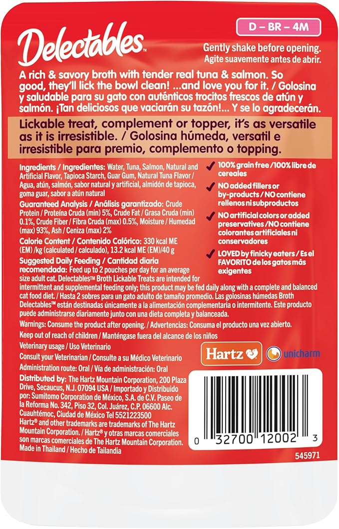 Delectables Lickable Treat Savory Broths Wet Cat Treat with Real Tuna & Salmon, Food Topper, Hydrating, Grain-Free, No Fillers, No By-Products, No Added Preservatives, 1.4oz Pouch, 12ct