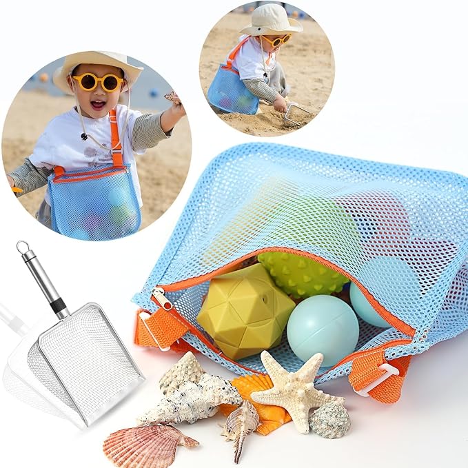 4 PCS Beach Mesh Shovel with Mesh Beach Bag for Shells Collecting and Filter Sand, Large Stainless Steel Sand Scooper for Picking Up Fossils, Big Shark Tooth Sifter Dipper Sand Toy for Kids and Adults