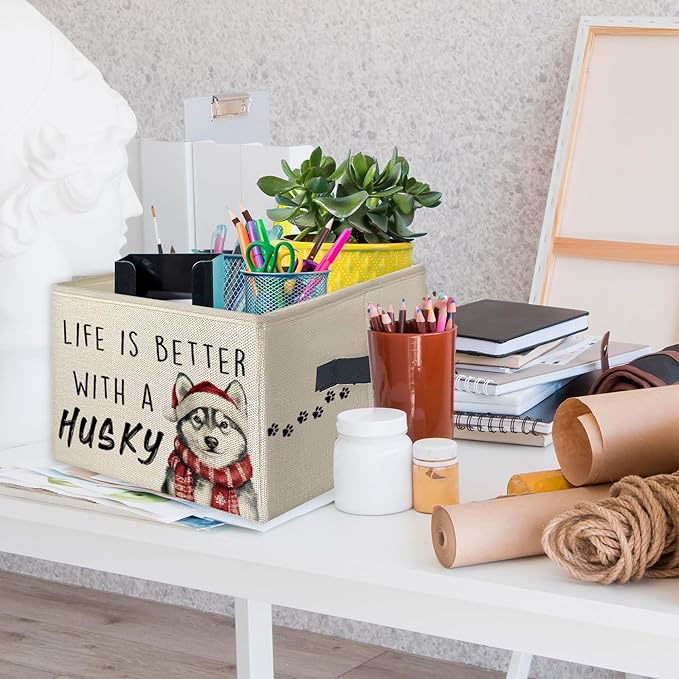 Christmas Husky Foldable Storage Bins Box with Handles, Gifts for Husky Lovers, Dog Mom Dad Lovers Gifts Collapsible Toys Books Clothes Organizer Basket for Bedroom Bathroom