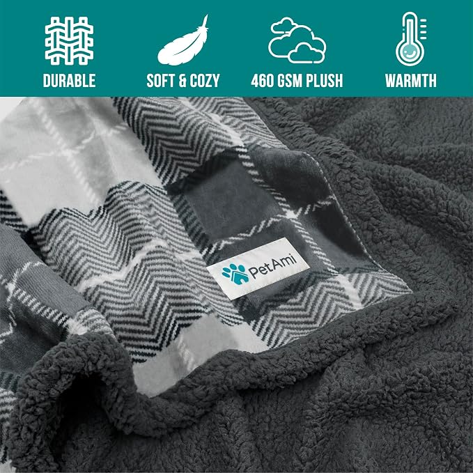 PetAmi Dog Blanket for Small Medium Dogs and Cats, Soft Sherpa Fleece Pet Blanket Throw Puppies Kittens, Reversible Plush Couch Cover Protector Sofa Bed Crate, Machine Washable, 60x40, Plaid Dark Gray