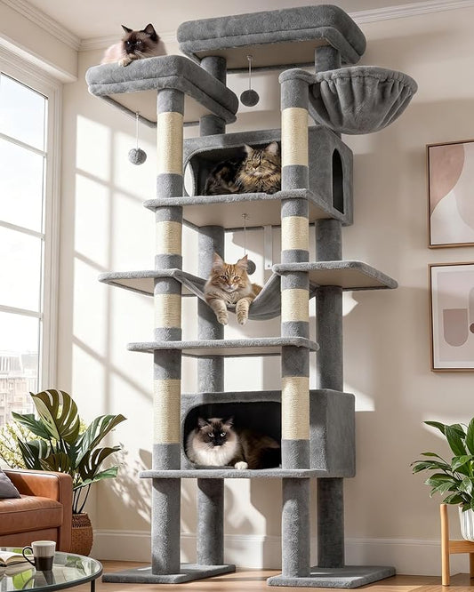 Globlazer XXL Giant Cat Tree, 83 Inch Heavy Duty Tall Cat Tower for Indoor Cats Large Adult, Multi-Level Large Cat Condo with 8 Scratching Posts, Hammock, 2 Cat Caves, 2 Platform, F83B, Light Grey
