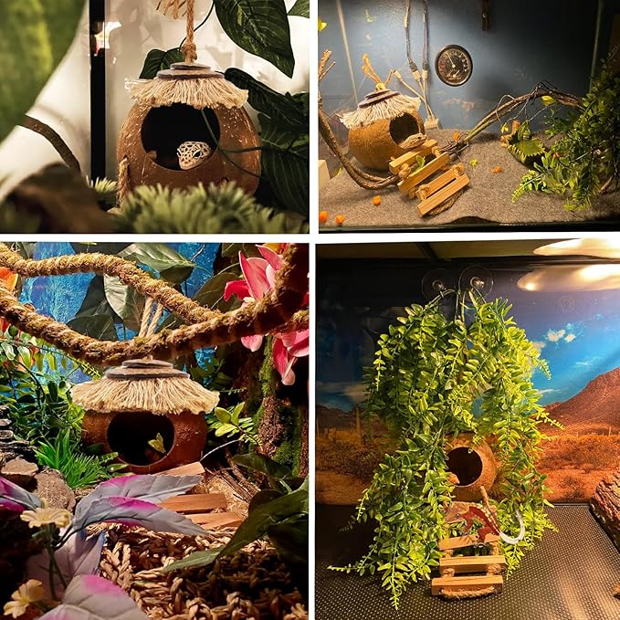Gecko Coconut Hideout with Ladder,Reptile Hammock Plants Vines Jungle Terrarium Decor Tank Accessories for Crested Geckos,Leopard Geckos,Lizard,Snakes,Tree Frogs
