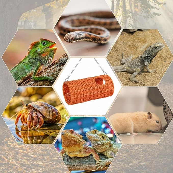 CroBlissful Reptile Hide Cave Hollow Cave Hideout with 2 Pcs Suction Cup and Chain Gecko Hide Reptile Tank Decor Seagrass Fiber Climbing Toy for Lizard Snake Hermit Crab (Long Cylindrical,Orange)