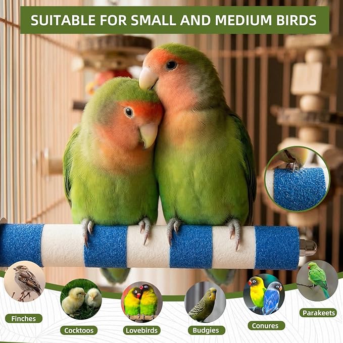 Perch Stand 3-in-1 Bird Toys Gift Set, Parrot Perch Bird Cage Accessories for Cockatiel, Parakeet, Lovebirds All Small Medium Birds, Durable Beak & Claw Trimming Grinding Stone, Safe, Easy to Clean
