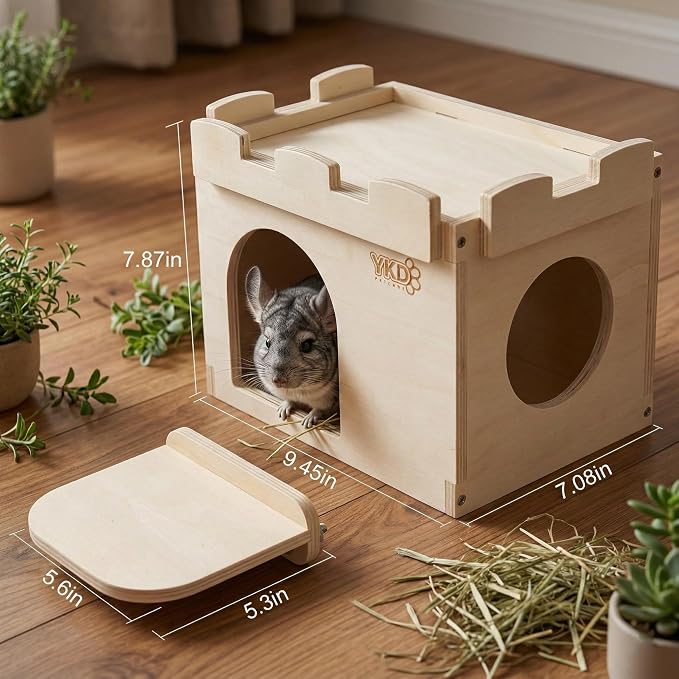 Castle Hanging Chinchilla House, Small Animal Hideout | Chinchilla, Guinea Pig, Hedgehog, or Rat, Ventilated Wooden Hamster Habitat with Multiple Doors, Made from Natural Wood