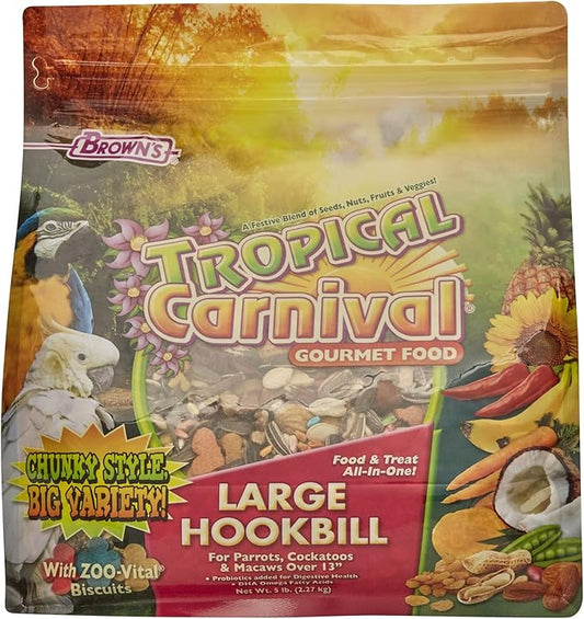 F.M. Brown's Tropical Carnival Gourmet Large Hookbill Food for Parrots, Cockatoos and Macaws Over 13", Vitamin-Nutrient Fortified Daily Diet, 5lb
