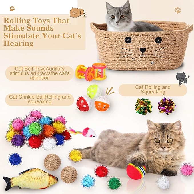 Zopeal 58 Pcs Mother’s Day Cat Storage Basket Gift Toys Set, Colorful Flashing Balls Pet Bell Crinkle Balls Spring Toys Attract Cat to Swat, Hunt, Interactive for Pet(Khaki,9.8 Inch)