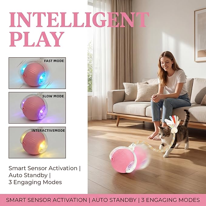 Rechargeable Smart Rolling Cat Ball, Automatic Interactive Cat Toy with 3 Modes, LED Light & 3 Replaceable Accessories, Indoor Cat Exercise Toy for Kittens & Adult Cats, for Boredom Relief Yellow