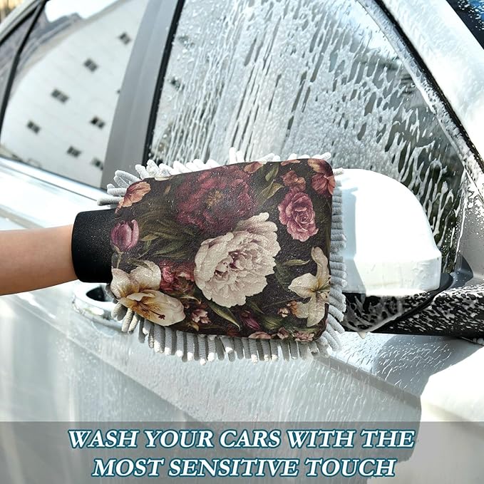 Car Wash Mitt Microfiber Wash Mitts for Car Washing Scratch-Free Cleaning Gloves Soft Non Absorbent Chenille Auto Hand Mitt Medium 2Pack Peony Rose Flowers Pink