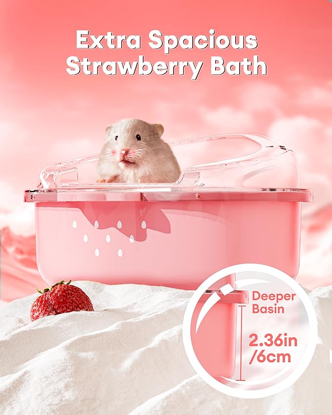 BUCATSTATE Hamster Sand Bath Kit Hamster Sand Bath Container Ultra Large Transparent Toilet for Syrian Hamsters Accessory for Small Animals(Pink, Strawberry)