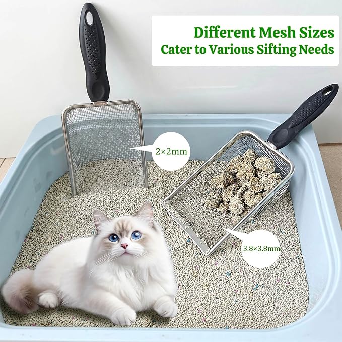2Pcs Metal Litter Scooper Stainless Steel Metal Cat Litter Poop Scoop with 2.0mm & 3.8mm Mesh,Litter Cleaner Sifter for Cat,Dog,Kitty,Rabbit,Hamster, Reptile