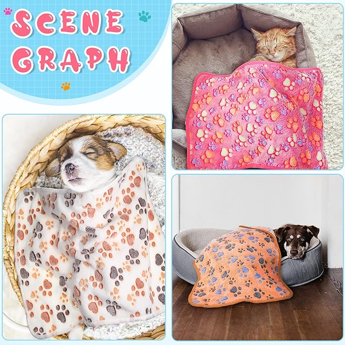 Tatuo 4 Pack Fleece Dog Blankets for Puppy Cats Multi-Size Sleep Mat for Pet Guinea Pig Soft Washable Warm Crate Bed Puppy Teething Toys Print Pattern Blanket Indoor(Pink,24 x 16 Inch,Paw)