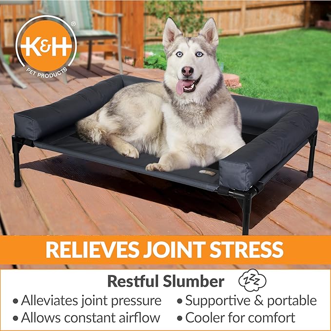 K&H Pet Products Bolster Dog Cot, Cooling Indoor Outdoor Elevated Cot Hammock Dog Bed with Removable Washable Bolsters, Washable Mesh Cover, Raised Metal Frame - Large 42 X 30in Charcoal