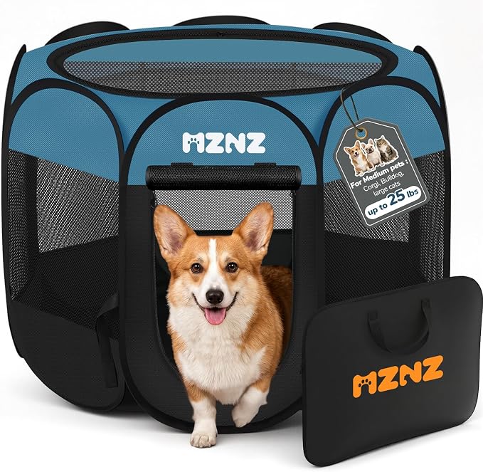 Dog Cat Playpen, Portable Puppy Pet Crate Indoors for Small/Medium Dogs Cats Rabbits, Foldable Dog Cage Enclosure for Outdoor, Pop Up Dogs Tent Kennel with Carrying Case, Blue Black