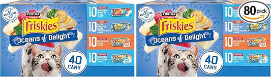 Friskies Purina Wet Cat Food Variety Pack, Oceans of Delight Flaked and Prime Filets - 5.5 oz. Cans (Pack of 80)